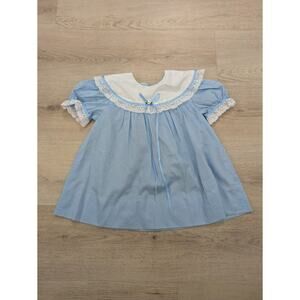 Girls Dress Pastel Blue polka with White Lace‎ Vintage